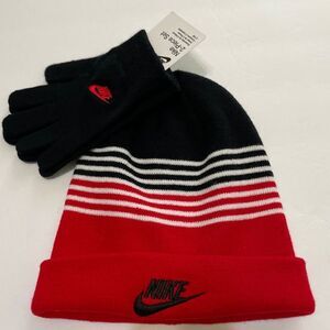 Nike Kid's Hat & Gloves Set Black University Red Stripes